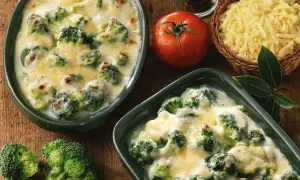 Deux plats de gratin de brocolis crémeux et gratinés, accompagnés de brocolis frais, d'une tomate et de fromage râpé.