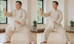 Uomo prima e dopo aver praticato tai chi per dimagrire. La pratica costante porta a un fisico più snello e tonico.
