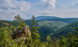 Felsformation mit Bäumen im Vordergrund, im Hintergrund bewaldete Hügel und Berge. Ein echter **Geheimtipp Bad Harzburg** für Naturliebhaber.