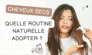 Femme se coiffant les cheveux secs avec un peigne, entourée d'illustrations de produits capillaires naturels.