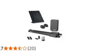 Kit motorisation portail Avidsen Styrka 310 : panneaux solaires, moteurs, boîtier de contrôle, télécommandes et photocellules.