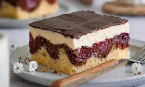 Ein Stück Donauwelle-Kuchen mit Schokoladenglasur, Sahne und Kirschen. Ein köstliches Rezept für den perfekten Genuss.