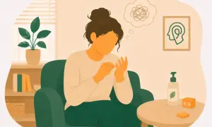 Kvinna med dermatillomani och ADHD sitter och plockar på sina naglar. En tankebubbla visar förvirring.