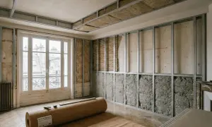 Travaux en cours pour isoler phoniquement cette pièce. Des ossatures métalliques sont installées sur les murs et le plafond, prêtes à accueillir l'isolant. Un rouleau de liège est au sol.