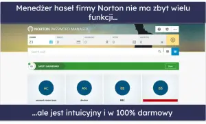 Norton Password Manager, darmowy menedżer haseł, prezentuje przejrzysty interfejs z listą loginów i opcją wyszukiwania.
