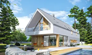 Nowoczesny projekt domu na wąską działkę z basenem i tarasem.