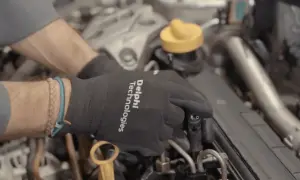 Manos con guantes negros trabajando en un motor diésel, manipulando un inyector.
