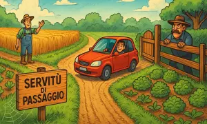 Un contadino saluta un'auto su una strada di campagna. Un cartello indica "Servitù di passaggio", mentre un altro contadino osserva da una staccionata.