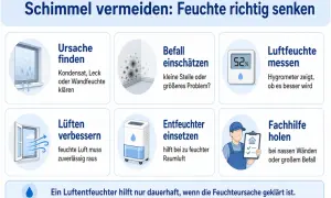 Schimmel vermeiden: Ursachen finden, Befall einschätzen, Luftfeuchtigkeit messen & senken. Ein Luftentfeuchter hilft bei zu feuchter Raumluft.