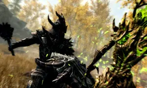 Zbrojny wojownik walczy z drzewnym potworem, otoczeni jesiennymi liśćmi. Zapowiedź The Elder Scrolls VI.