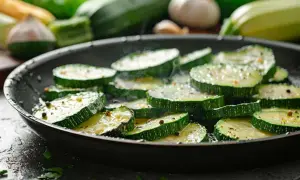 Tranches de courgettes sautées dans une poêle, dégageant une vapeur appétissante. Des grains de poivre noir parsèment les légumes verts.