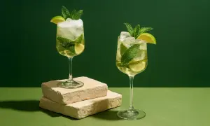 Orzeźwiający drink z sokiem z czarnego bzu, miętą i limonką, podany w kieliszkach na tle zieleni.