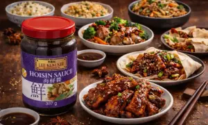 En burk Lee Kum Kee Hoisin Sauce står framför en festmåltid med asiatiska rätter. Perfekt sås till grillat!