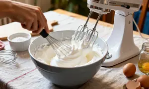 Meringue en train d'être fouettée dans un bol, d'une blancheur en neige parfaite, prête pour un dessert aérien.