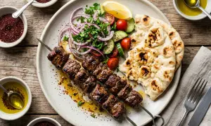 Kebab z grilla z sałatką, pitą i oliwą.