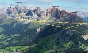Trasa via ferrata w Dolomitach, prowadząca przez Catinaccio, Roda di Vael i Gran Masare, z zaznaczonymi schroniskami Santner, Fronza i Paolina.