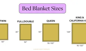 Visual guide to bed blanket sizes: Twin (65x90"), Full/Double (85x90"), Queen (90x90-100"), and King/California King (108x90-100").