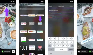 Ekran telefonu z widokiem na dodawanie naklejki z linkiem do Instagram Story.