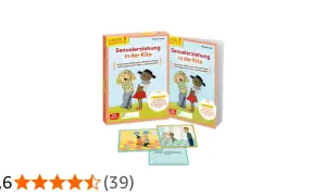 Materialien für Sexualerziehung in der Kita: Bücher und Karten mit kindgerechten Illustrationen, die pädagogische Konzepte vermitteln.
