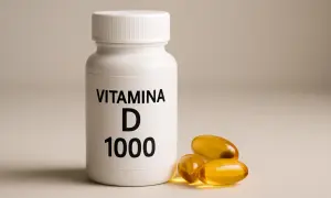 Flacone bianco con etichetta "VITAMINA D 1000" e tre capsule gialle trasparenti accanto.