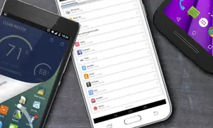 Tres móviles muestran cómo limpiar el móvil con la app Clean Master, optimizando almacenamiento y RAM.