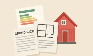 Grundbuch, Grundriss und Energieausweis für den unterlagen hausverkauf privat. Ein rotes Haus im Hintergrund.