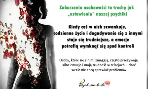 Sylwetka kobiety, z której wyłaniają się czerwone płatki, symbolizuje zaburzenia osobowości. Tekst wyjaśnia, jak wpływają one na codzienne życie i relacje.