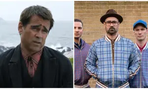 Colin Farrell w filmach: zamyślony nad morzem i w kratkowych kurtkach z kolegami.