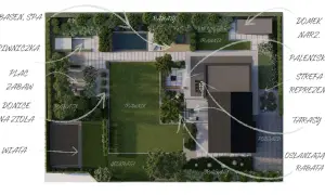 Widok z lotu ptaka na nowoczesny, ogrodzony plac przy domu z basenem, strefą relaksu, placem zabaw i tarasami.