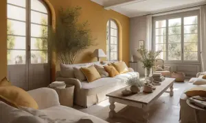 Jasny salon w stylu prowansalskim. Słoneczne ściany, białe meble, bujna zieleń i naturalne materiały tworzą przytulną atmosferę.
