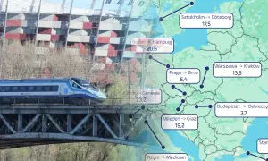 Pociąg EIC Chrobry mija Stadion Narodowy, a mapa pokazuje połączenia kolejowe z Europy.