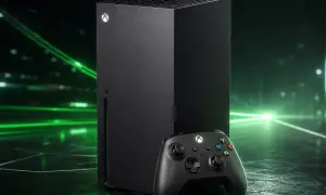 Czarny Xbox Series X, konsola nowej generacji, obok kontrolera na tle zielonych świateł.