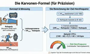Diagramm zeigt, wie man den **puls bei anstrengung** berechnet. Es erklärt Ruhepuls, maximale Herzfrequenz und die Karvonen-Formel zur Ermittlung der Ziel-Herzfrequenz.