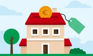 Casa con salvadanaio a forma di tetto, moneta euro e cartellino prezzo. Illustra i passaggi per acquisto casa con agenzia.