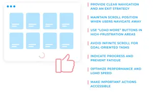 Interface utilisateur avec des cartes bleues et un pouce levé. Éviter le défilement infini pour les tâches orientées objectif.