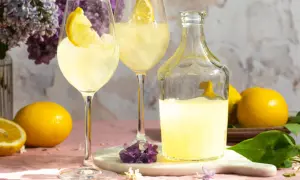 Erfrischender Limoncello Spritz mit Zitronenscheiben, Eis und Flieder.