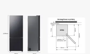 Szczegółowe wymiary lodówki wolnostojącej: wysokość 2030mm, szerokość 759mm, głębokość 711mm. Diagram pokazuje kąty otwarcia drzwi.