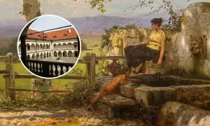 Obraz przedstawia scenę z antyczną fontanną i dwiema postaciami, a w tle widok na dziedziniec pałacowy. To charakterystyczny kierunek w malarstwie Siemiradzkiego.