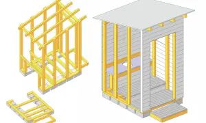 Illustration visar steg för steg hur man kan bygga utedass. En stomme byggs upp med träbjälkar och grunden läggs på betongplintar.
