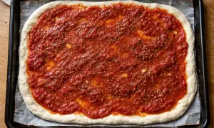En obakad pizza med en generös mängd tomatsås och kryddor, redo att bakas.
