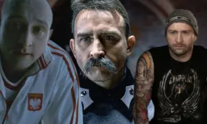 Borys Szyc w różnych rolach filmowych: łysy w dresie z orłem, z wąsem i w czapce.