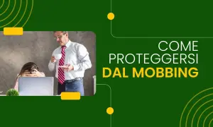 Uomo con tazza osserva donna stressata al computer. Immagine illustra come proteggersi dal mobbing sul lavoro.