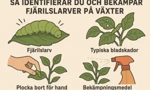 Bilden visar hur man identifierar och bekämpar fjärilslarver inomhus. En stor grön larv på ett blad, bladskador, bortplockning för hand och bekämpningsmedel.