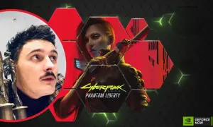 Dawid Podsiadło w futurystycznym wydaniu, obok postaci z gry Cyberpunk 2077: Phantom Liberty.