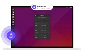 Un portátil con **Proton** VPN conectado en **Linux**. La interfaz muestra la conexión activa y una lista de países para elegir.