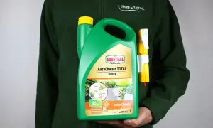 Zielony kanister z preparatem AntyChwast TOTAL na bazie kwasu pelargonowego. Skutecznie zwalcza chwasty w ogrodzie.