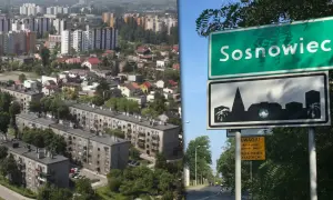 Widok na blokowiska i znak drogowy z napisem Sosnowiec. O co chodzi z sosnowcem? To miasto w Polsce.