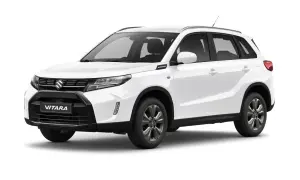 Biały Suzuki Vitara 2025, gotowy na przygody. Stylowy SUV z czarnymi akcentami i nowoczesnymi światłami.