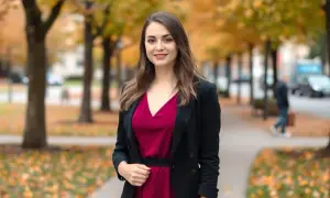 Elegancka kobieta w bordowej sukience i czarnym żakiecie, idealne połączenie na jesienny spacer.