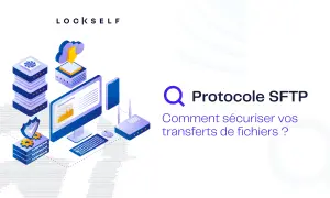 Illustration de sécurité réseau avec un serveur, un ordinateur et un routeur. Le texte "Protocole SFTP" et "Comment sécuriser vos transferts de fichiers ?" est présent.